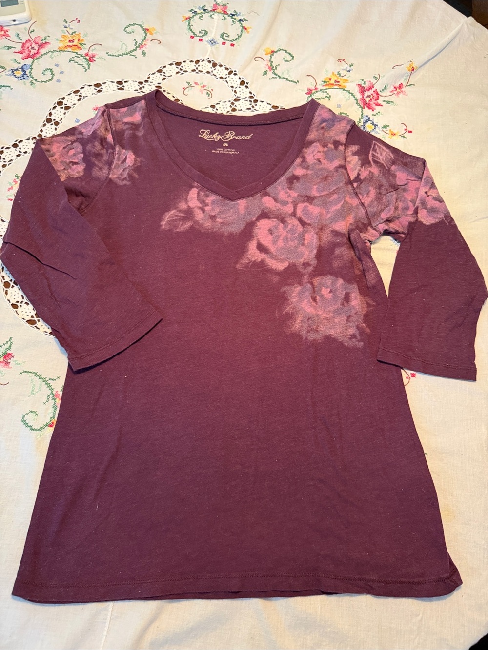 Lucky Brand Plum Floral V-Neck Long Sleeve Tee